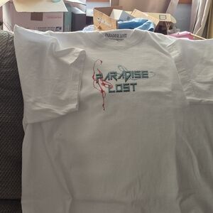 White T-Shirt with Blue and Red Graphic